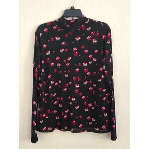 Top/Turtleneck Blouse-Popsugar-Black-Roses-Sheer-Lining-Long Sleeve-SIZE XL